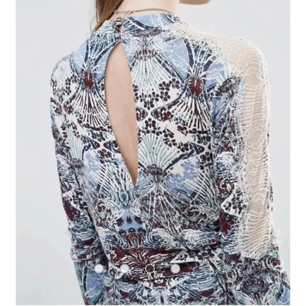 Free People New World Long Sleeve Lace Wrap Top Mock Neck Linen blend size XS
